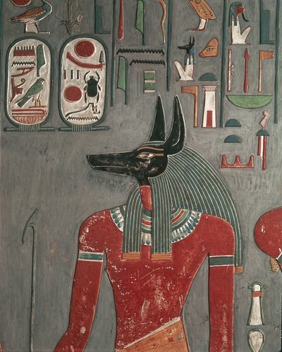 Egipto, Tebas Antigua, Valle de los Reyes, Mural de Anubis en la Tumba de Horemheb de Egyptian 18th Dynasty