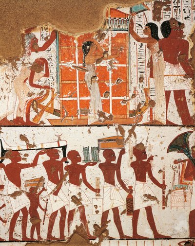 Egipto, Tebas, Necrópolis de El-Khokha Valle de los Nobles, Tumba de Nebamon e Ipouky, Detalle de los frescos que representan el cortejo fúnebre y a la viuda junto al catafalco del difunto. de Egyptian 18th Dynasty