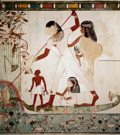 Antigüedad egipcia: escena de pesca. El noble Menna en un bote con su esposa arponeando un pez. Fresco de la tumba de Menna (TT69) en la zona de tumbas de los nobles en Gournah. Sheikh Abd al-Gournah (el Gournah), Luxor, Egipto de Egyptian 18th Dynasty