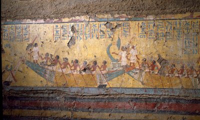 Antigüedad egipcia: fresco de la tumba del pintor Maia, peregrinación en barco a Abidos, cita de Osiris. Dinastía XVIII. De la Capilla de Maia, Deir el-Medineh (el Medineh), Nuevo Imperio de Egyptian 18th Dynasty