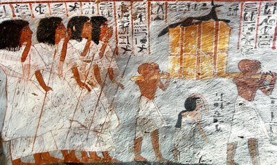 Antigüedad egipcia: procesión con portadores de vasos de dosel utilizados para recolectar las vísceras del difunto. Tumba de Roy de Egyptian 18th Dynasty