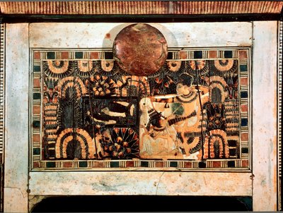 Antigüedad egipcia: pequeña caja de madera con incrustaciones de marfil que representa las partes de caza del faraón Tutankamón. XVIII dinastía. De la tumba de Tutankamón (All-Ankh-amun o Tutankamón) (1345-1327 a.C.) Valle de los Reyes. Tebas, Museo Egipci de Egyptian 18th Dynasty