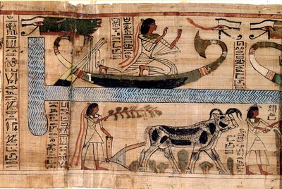 Antigüedad egipcia: el nombre del difunto Aner representado en el barco de Osiris, escena de arado y pesaje de almas (psicostasis). Papiro de un Libro de los Muertos, XX dinastía, de Tebas. Turín, museo egipcio de Egyptian 18th Dynasty