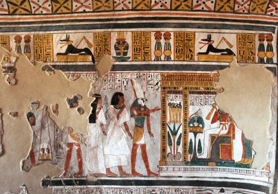 Antigüedad egipcia: Horus guía a Roy y su esposa hacia Osiris. Fragmentos de fresco de la Tumba de Roy (TT255). Dinastía 18. De la Orilla Oeste de Luxor, Egipto de Egyptian 18th Dynasty
