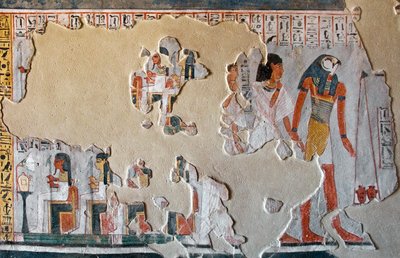 Antigüedad egipcia: Horus guía a Roy y su esposa al pesaje de corazones. Fragmentos de fresco de la Tumba de Roy (TT255). Dinastía XVIII. De la Ribera Oeste de Luxor, Egipto de Egyptian 18th Dynasty