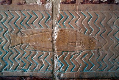 Peces, escenas del reino de Punt, muro sur de la columnata central, Templo mortuorio de Hatshepsut, Deir el-Bahari, Necrópolis tebana (Lista del Patrimonio Mundial de la UNESCO de Egyptian 18th Dynasty
