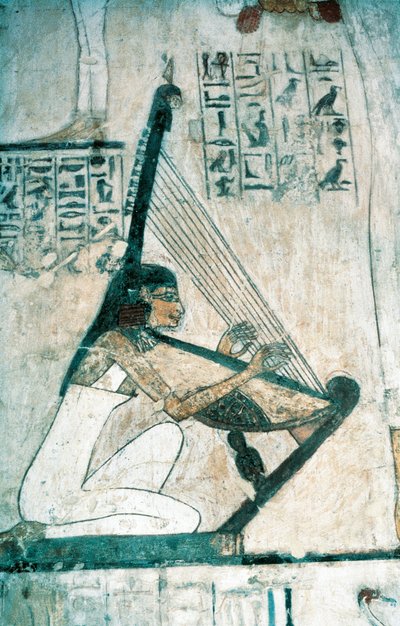 Frescos que representan una escena de banquete funerario, con arpista, del Reino Nuevo de Egyptian 18th Dynasty