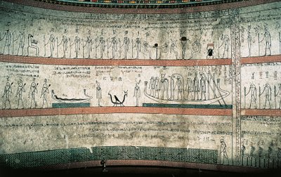 Frescos que representan el Libro de Amduat, El viaje de la barca solar, en la pared oeste de las cámaras funerarias de Egyptian 18th Dynasty