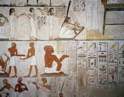 Banquete funerario con músicos femeninas, hombres y músicos, detalle de los frescos en la Tumba de Rekhmire, Necrópolis de Sheikh Abd el Qurnah, Luxor, Tebas (Lista del Patrimonio Mundial de la Unesco) de Egyptian 18th Dynasty