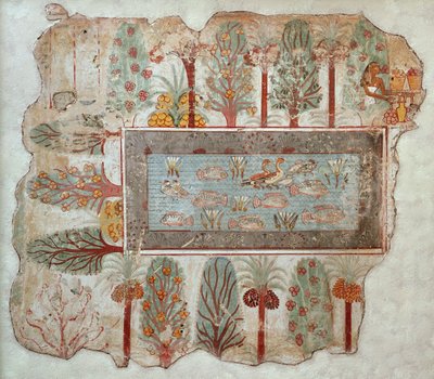 Jardín de una finca privada con una piscina ornamental, parte de la pintura mural de la Tumba de Nebamun, Tebas, Nuevo Reino, c.1350 a.C. de Egyptian 18th Dynasty