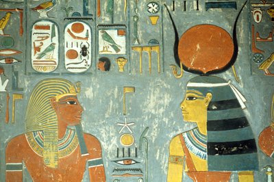 Horemheb y Hathor, de la Tumba de Horemheb (c.1323-1295 a.C.) Nuevo Reino (pintura mural) (detalle) de Egyptian 18th Dynasty