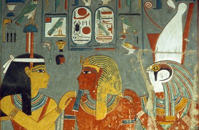 Horus, Horemheb y Hathor, de la Tumba de Horemheb (c.1323-1295 a.C.) Nuevo Reino de Egyptian 18th Dynasty