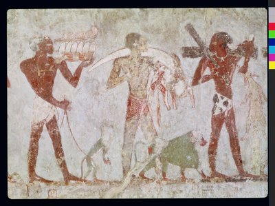 Kushitas llevando tributos de oro, marfil y pieles de animales, de la Tumba de Rekhmire, visir de Tutmosis III y Amenhotep II, Nuevo Reino (pintura mural) de Egyptian 18th Dynasty