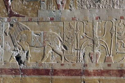 León, relieve, mortuorio Templo de Hatshepsut, Deir el-Bahari, Necrópolis tebana (Lista del Patrimonio Mundial de la UNESCO de Egyptian 18th Dynasty