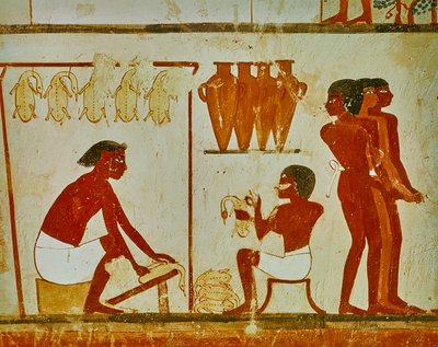 Procesamiento de carne de aves, detalle de la tumba de Nakht, c.1390 a.C. (pintura mural) de Egyptian 18th Dynasty