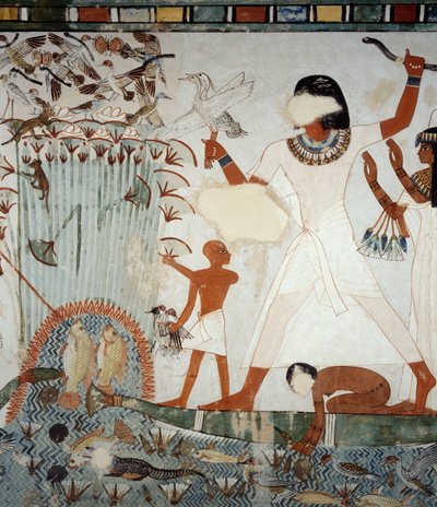 Menna y su familia pescando y cazando aves en los pantanos del Nilo, (detalle), capilla de la Tumba de Menna, Sheikh Abd el Qurnah, Luxor, Tebas de Egyptian 18th Dynasty