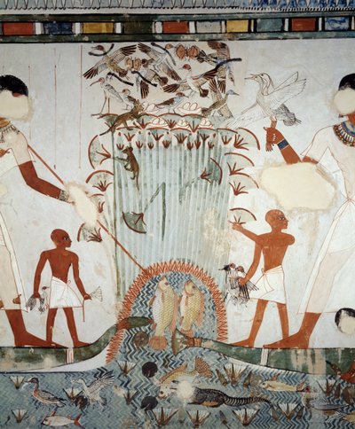 Menna y su familia pescando y cazando aves en los pantanos del Nilo, detalle de los frescos en la capilla de la Tumba de Menna, Necrópolis de Sheikh Abd el Qurnah, Luxor, Tebas (Lista del Patrimonio Mundial de la Unesco) de Egyptian 18th Dynasty