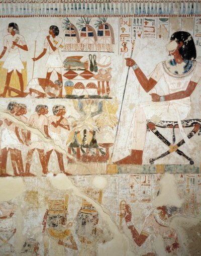 Menna supervisando a sus trabajadores en los campos, detalle de frescos en el vestíbulo de la Tumba de Menna, Necrópolis de Sheikh Abd el Qurnah, Luxor, Tebas (Lista del Patrimonio Mundial de la Unesco) de Egyptian 18th Dynasty
