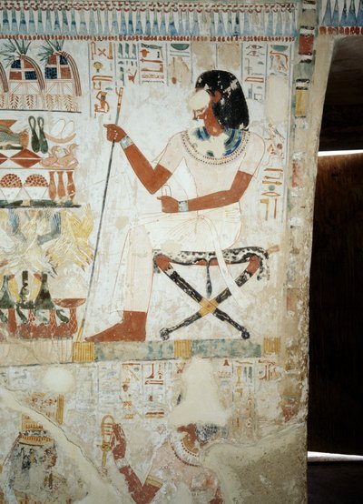 Menna supervisando a sus trabajadores en los campos, detalle de frescos en el vestíbulo de la Tumba de Menna, Necrópolis de Sheikh Abd el Qurnah, Luxor, Tebas (Lista del Patrimonio Mundial de la Unesco) de Egyptian 18th Dynasty
