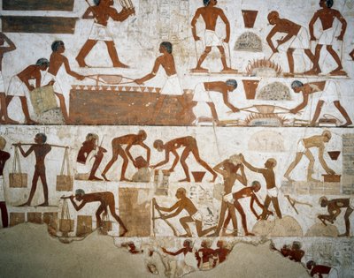 Procesamiento de metales y fabricación de ladrillos, detalle de frescos en la Tumba de Rekhmire, Necrópolis de Sheikh Abd el Qurnah, Luxor, Tebas (Lista del Patrimonio Mundial de la Unesco) de Egyptian 18th Dynasty