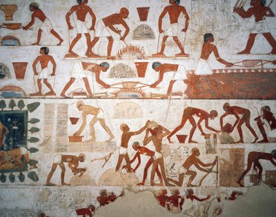 Procesamiento de metales y fabricación de ladrillos de barro, fresco, capilla, Tumba de Rekhmire (TT100), Sheikh Abd el-Qurna, Tebas de Egyptian 18th Dynasty