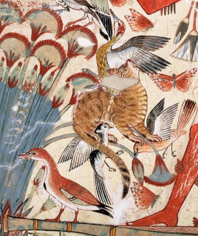 Nebamun cazando en los pantanos con su esposa e hija, parte de una pintura mural de la capilla-tumba de Nebamun, Tebas, Nuevo Reino, c.1350 a.C. (detalle) de Egyptian 18th Dynasty
