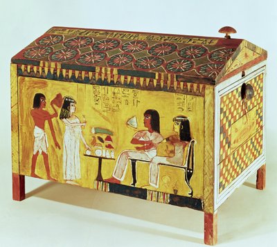Cofre pintado con una escena de banquete de la tumba de Kha encontrado en Deir el-Medina, Nuevo Reino de Egyptian 18th Dynasty