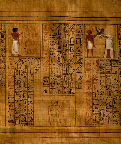Porción del Libro de los Muertos con texto en columnas verticales de jeroglíficos e insertos que contienen ilustraciones policromadas, papiro, 34 cm x 14 cm, procedente de la tumba de Kha en Deir el-Medina, Civilización egipcia, Reino Nuevo, dinastía XVIII de Egyptian 18th Dynasty