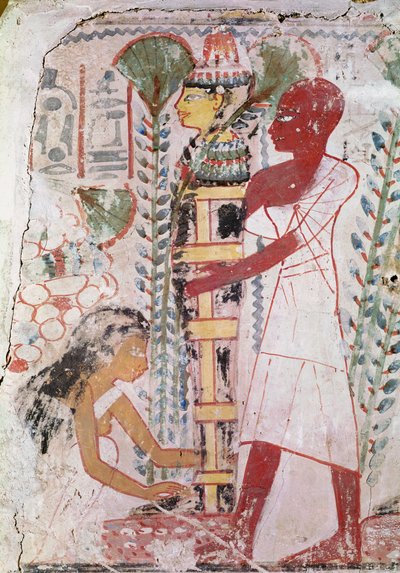 Preparando una momia para una ceremonia de purificación, de una tumba en Tebas, Nuevo Reino de Egyptian 18th Dynasty