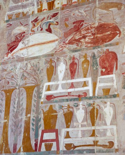 Provisiones y cerámica ofrecidas a los dioses por la reina Hatshepsut, relieve pintado, Capilla de Anubis, Templo Mortuorio de la reina Hatshepsut, también conocido como Djeser-Djeseru, Deir el-Bahri, Tebas. Civilización egipcia, Reino Nuevo, Dinastía XVII de Egyptian 18th Dynasty