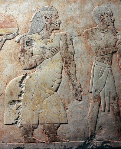 Reina de Punt, escena detallada que representa la expedición a la Tierra de Punt, relieve pintado, columnata de Punt, templo mortuorio de Hatshepsut, Deir el-Bahari, necrópolis de Tebas (Lista del Patrimonio Mundial de la Unesco de Egyptian 18th Dynasty