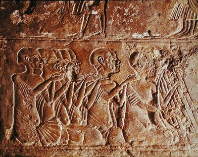 Relieve que representa a cantantes ciegos y un arpista, de la Tumba de Meryre, Nuevo Reino de Egyptian 18th Dynasty
