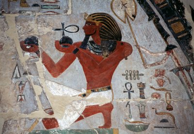 Relieve pintado con Tutmosis ofreciendo vino, Templo Mortuorio de Hatshepsut, Deir el-Bahri, necrópolis tebana (Lista del Patrimonio Mundial de la UNESCO de Egyptian 18th Dynasty