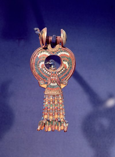Pendiente derecho de un par de pendientes con un pájaro azul, de la tumba de Tutankamón, Valle de los Reyes, Tebas, c.1347-37 a.C. de Egyptian 18th Dynasty