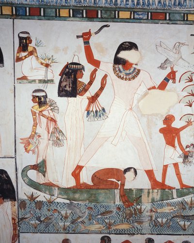 Escena de caza y pesca en los pantanos, fresco, pared norte, cámara longitudinal, Tumba Tebana TT69, Sheikh Abd el-Qurna, Tebas de Egyptian 18th Dynasty