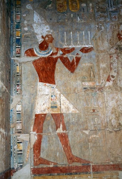 Escena con la reina haciendo una ofrenda, sala sureste, pared este, patio superior, Templo Mortuorio de Hatshepsut, Deir el-Bahari, Necrópolis Tebana (Lista del Patrimonio Mundial de la UNESCO de Egyptian 18th Dynasty