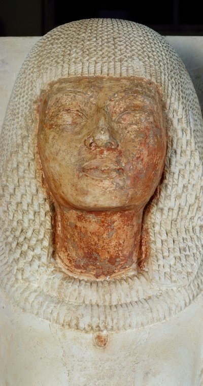 Rostro del escriba Meryneith, (detalle), estatua doble del sumo sacerdote Meryneith y su esposa Aniuia, piedra caliza pintada del reinado de Akhenatón, Saqqara. Civilización egipcia, Nuevo Reino, Dinastía XVIII de Egyptian 18th Dynasty