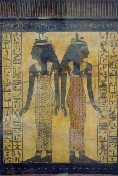 Selket y Neith, detalle decorativo del sarcófago de Maiherpri, civilización egipcia, Reino Nuevo, dinastía XVIII de Egyptian 18th Dynasty