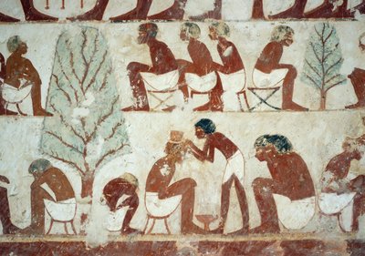 Soldados cortándose el cabello, detalle de los frescos en la Tumba de Userhat, Necrópolis de Sheikh Abd el Qurnah, Luxor, Tebas (Lista del Patrimonio Mundial de la Unesco) de Egyptian 18th Dynasty
