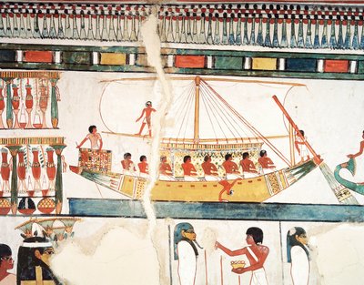 El barco solar, detalle de la peregrinación a Abidos, fresco, pared norte, comedor largo, Tumba Tebana TT69, Sheikh Abd el-Qurna, Tebas (Lista del Patrimonio Mundial de la Unesco) de Egyptian 18th Dynasty