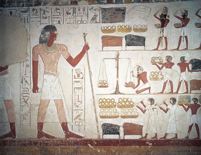 El pesaje del cobre, fresco, Tumba de Userhat, tutor y escriba durante el reinado de Amenhotep II, también conocida como tumba TT56, Sheikh Abd el-Qurna, Tebas (Lista del Patrimonio Mundial de la Unesco) de Egyptian 18th Dynasty