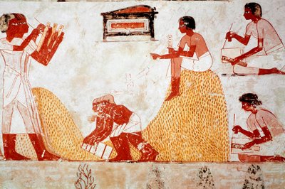 Tumba de Menna: Escena agrícola: recolección de granos supervisada por un escriba que registra la cosecha de Egyptian 18th Dynasty