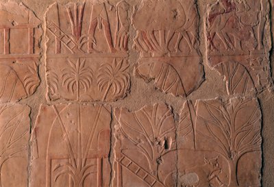 Aldea con cabañas, escenas del reino de Punt, muro sur de la columnata central, Templo mortuorio de Hatshepsut, Deir el-Bahari, Necrópolis tebana (Lista del Patrimonio Mundial de la UNESCO de Egyptian 18th Dynasty