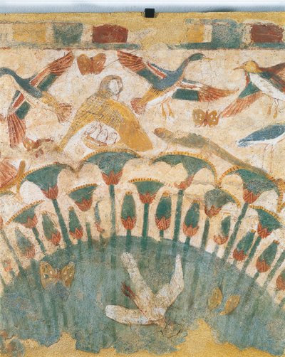 Pintura mural que representa la flora y la fauna de las marismas a lo largo del río Nilo, procedente de la tumba de Neferhetep, detalle de Egyptian 18th Dynasty