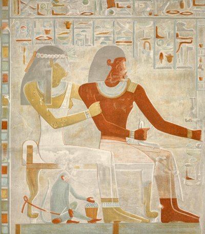 Ilustración del fresco Paheri y su esposa Henut-er-neheh de la tumba de Paheri en El Kab, Egipto, imagen publicada en 1895 de Egyptian 18th Dynasty