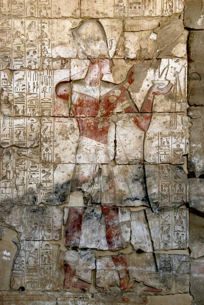 Arte egipcio antiguo: bajo relieve en la columna del templo de Sethi I (Sety o Seti I) de Egyptian 19th Dynasty