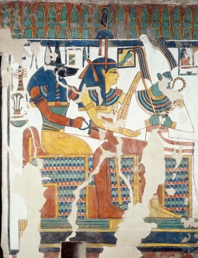 Anubis, Osiris y Nefertari, de la segunda cámara de la Tumba de Nefertari (detalle) de Egyptian 19th Dynasty