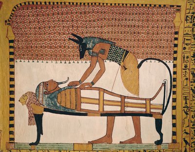 Anubis atiende la momia de Sennedjem, de la Tumba de Sennedjem, La Aldea de los Trabajadores, Reino Nuevo de Egyptian 19th Dynasty