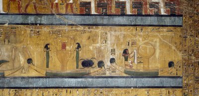 Barcos con sistros, diosas y escarabajo, dios con pluma de avestruz y luna en caja, fresco del gran Salón Hipóstilo de la Tumba de Seti I, Valle de los Reyes, Luxor, Tebas (Unesco) de Egyptian 19th Dynasty