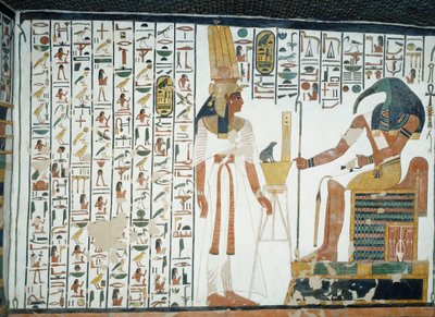 Capítulo 94 del Libro de los Muertos, Nefertari frente al dios Thoth, el escriba con cabeza de ibis, fresco, pared norte, cámara este, Tumba de Nefertari (QV66), Valle de las Reinas, Tebas de Egyptian 19th Dynasty